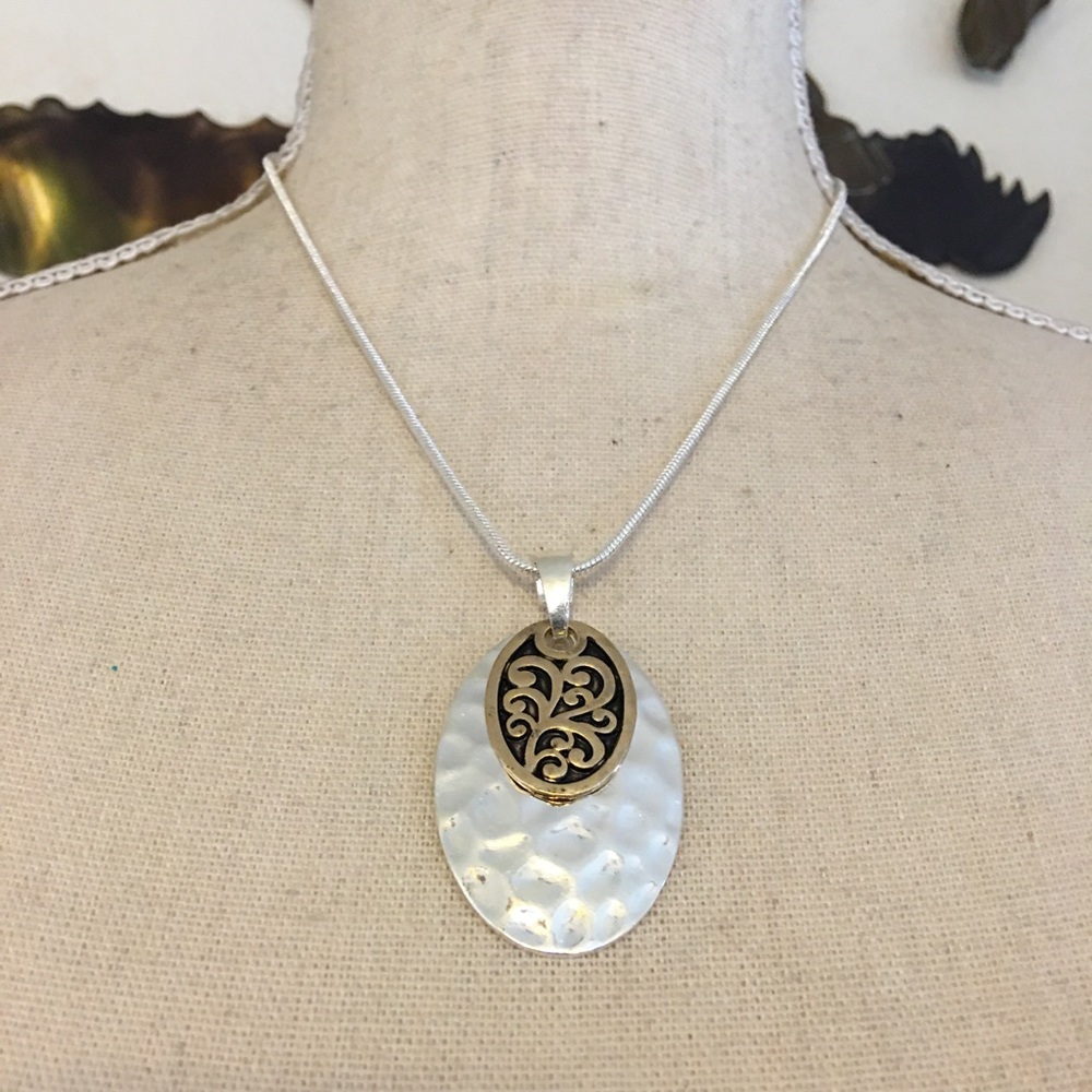 Two tone hammered and filigree disc necklace